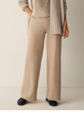 Eilen Fisher Felted Wool Jersey Wide-Leg Pant in Regenerative Wool Biscuit Siz
